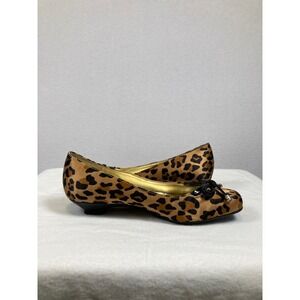 Anne Klein 2 Low Wedge Pump Women 6.5M Leopard Print AKJIMINY Brown Black Bow